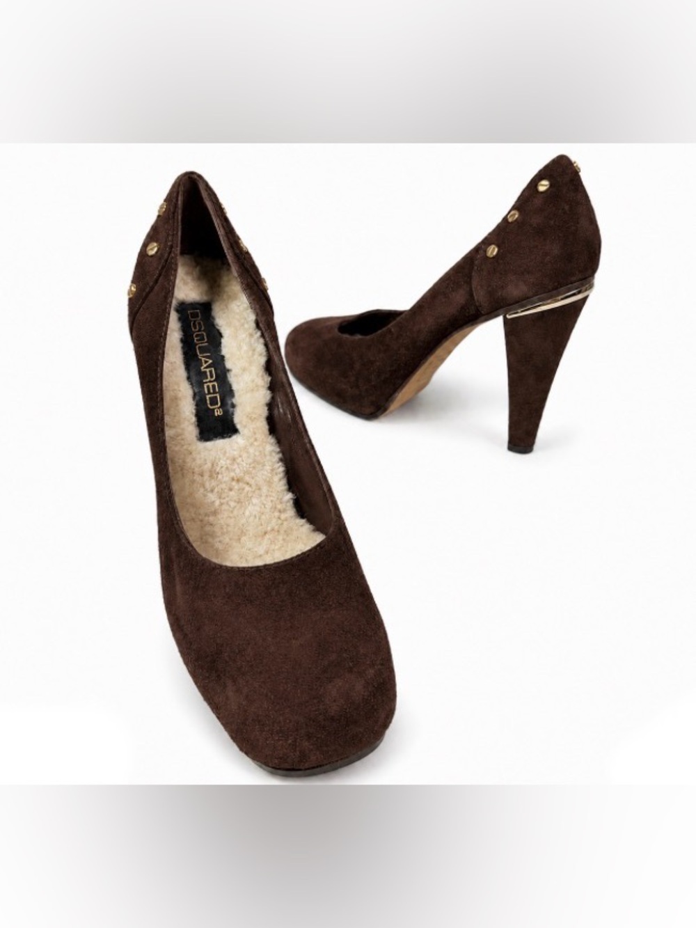 DSQUARED Brown Suede High Heels with Gold Stud Detail - Size 38